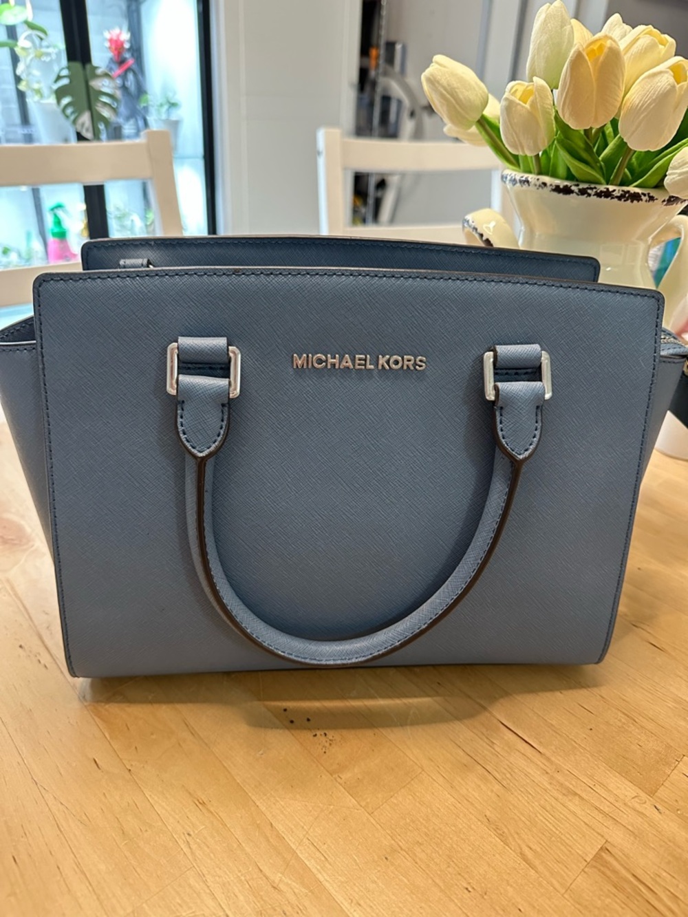 MICHAEL KORS Slate Blue Saffiano Leather Satchel
